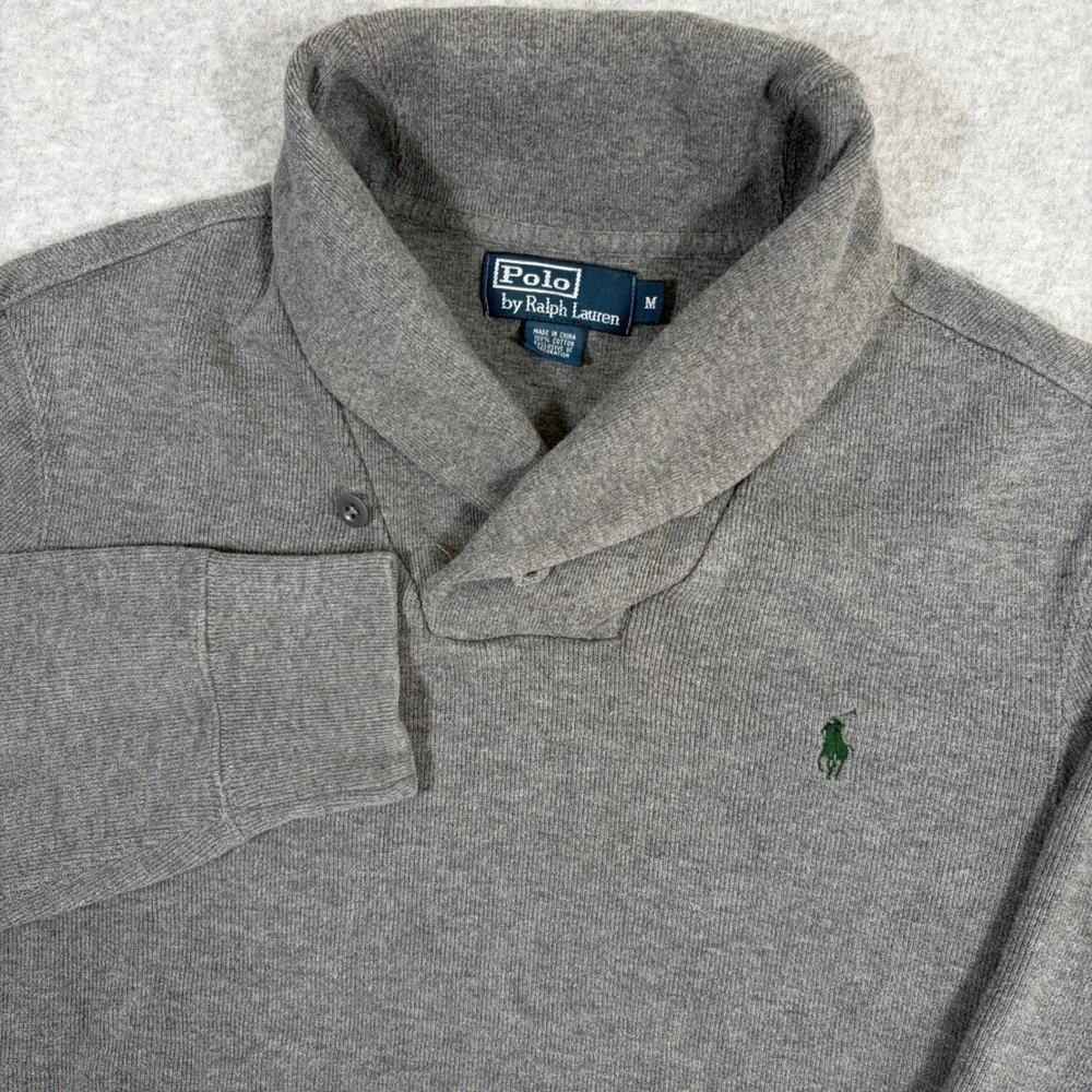 Polo Ralph Lauren Shawl Neck Sweater Mens Medium Gray Vintage Cotton Pullover